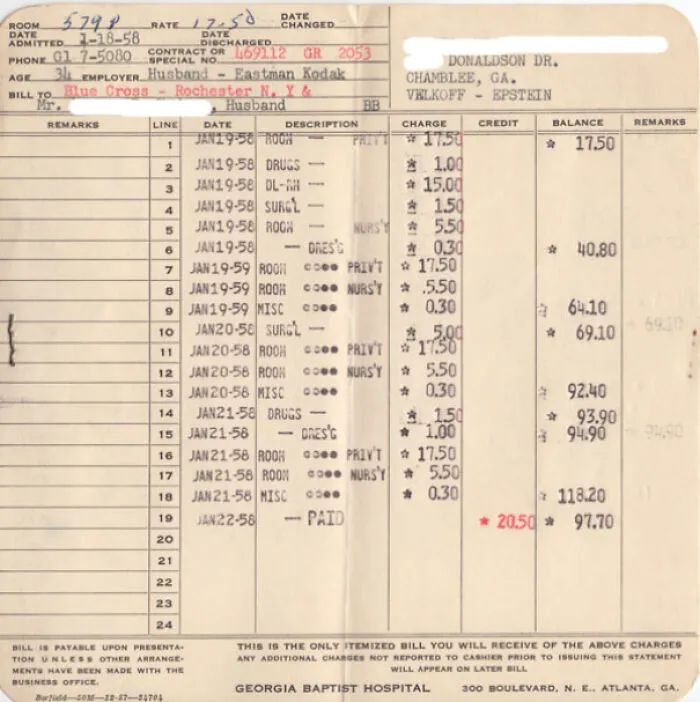 The Hospital Bill For My Birth On 1-18-1958 . Note The Insurance Info Is In Red