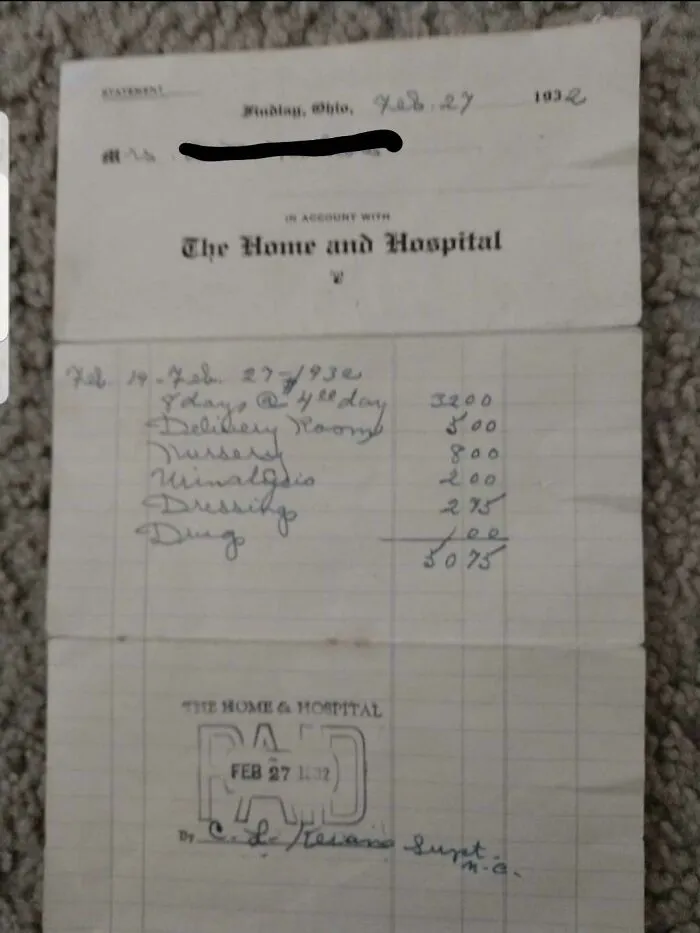 Bill For Baby Delivery And 8-Day Hospital Stay In 1932