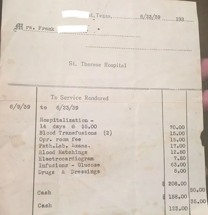 Hospital Bill From 1939