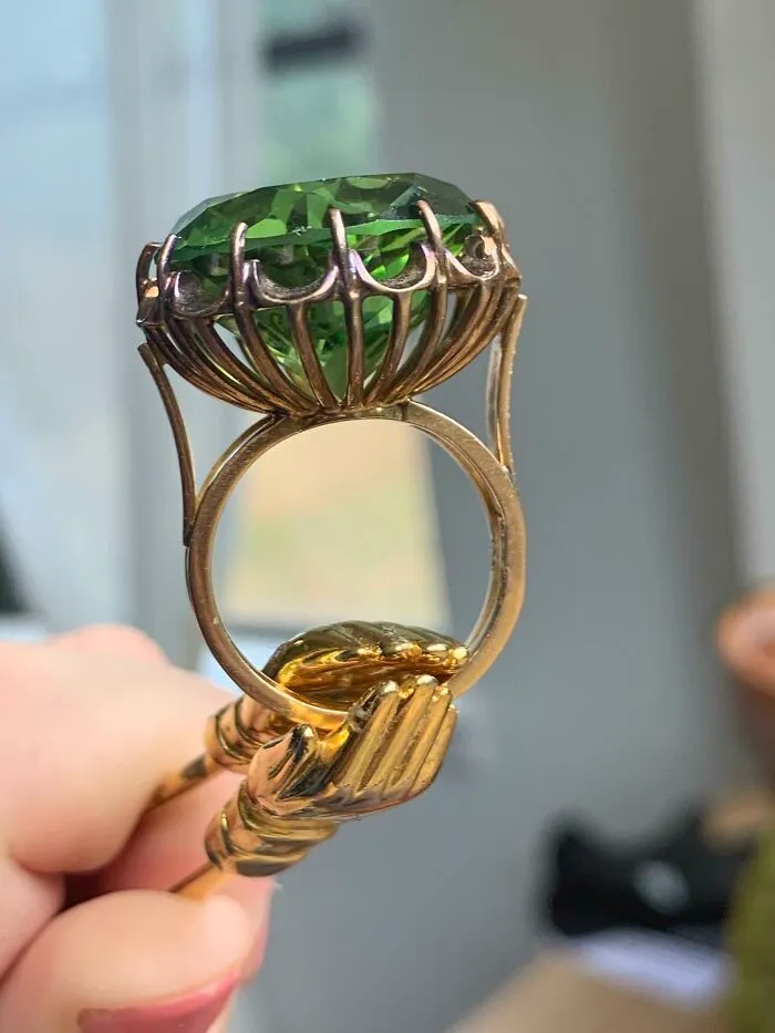 I Found This Ring In The Dumpster On Monday! Had It Appraised Yesterday And Found Out It’s A Handmade Gold Ring From The 60s-70s! It’s 14k Gold Band Is Worth $200+ (Stone Is Glass). I Also Found Those Tiny Hands With It Haha
