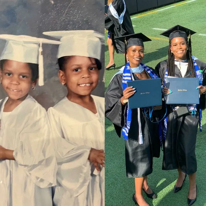 Mi hermana y yo graduándonos en preescolar vs. nosotras graduándonos en la universidad