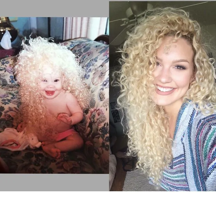 Yo de bebé con una peluca ridícula vs. yo a los 21 años con el pelo que me acabó creciendo