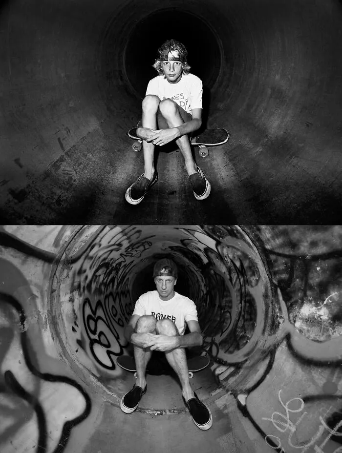 Tony Hawk alrededor de 1983 y a principios de este año en Sanoland en Cardiff, California
