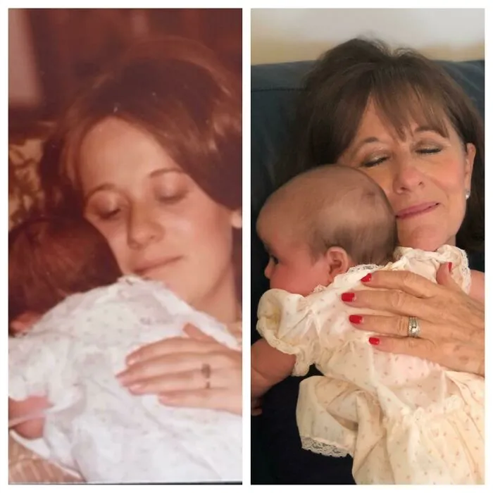 Mi madre abrazándome en 1979, mi madre abrazando a mi hija con el mismo vestido en 2019