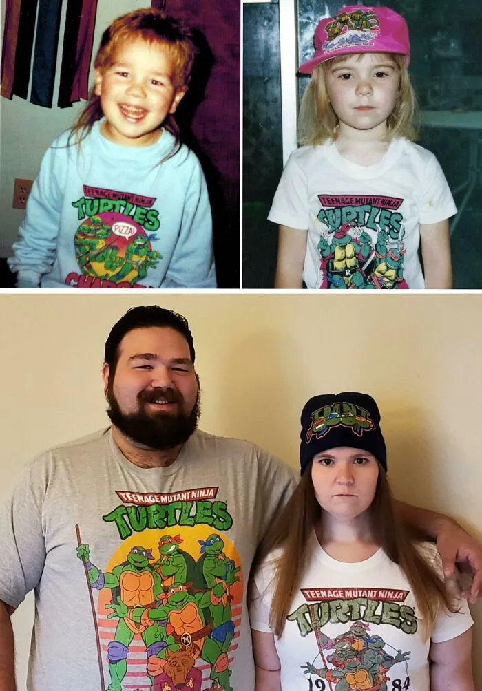 Mi novio y yo descubrimos que teníamos fotos iguales cuando éramos niños de preescolar obsesionados con las Tortugas Ninja. Sabíamos lo que tenía que pasar a continuación