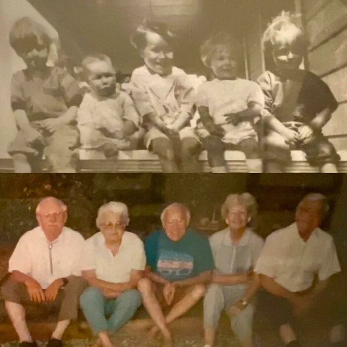 Mi abuelo en el centro con su hermana Annetta a la izquierda con sus mejores amigos 1927 vs. 1992