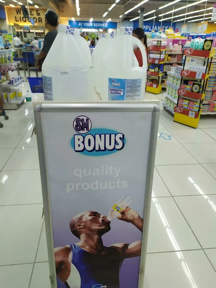 Sure, Place An Ad With A Guy Drinking Water Next To Rubbing Alcohol Of The Same Brand