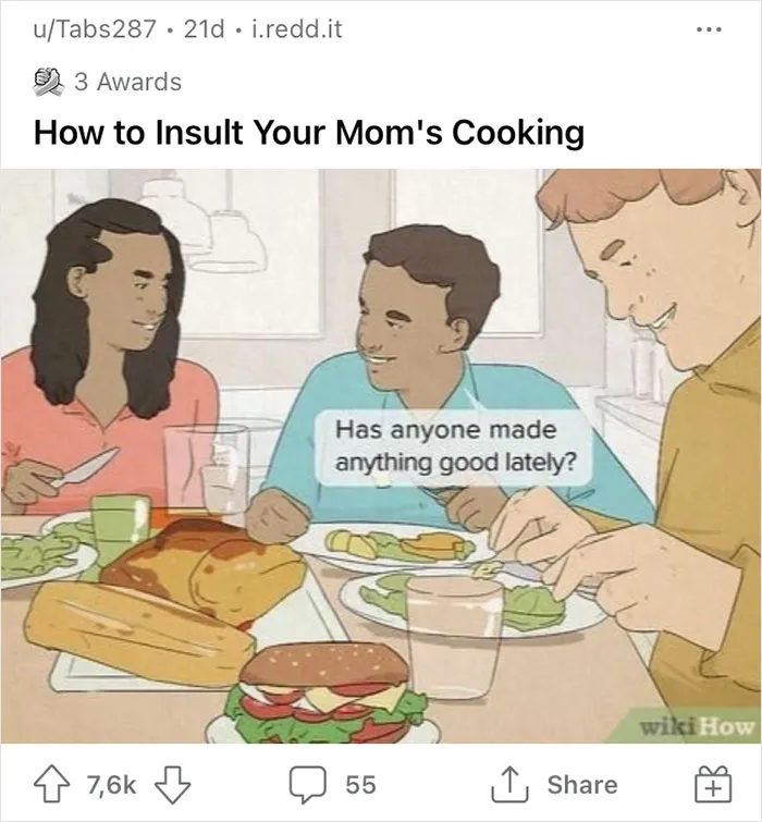 People sharing a meal with a caption: "Has anyone made anything good lately?" in a humorous WikiHow image.
