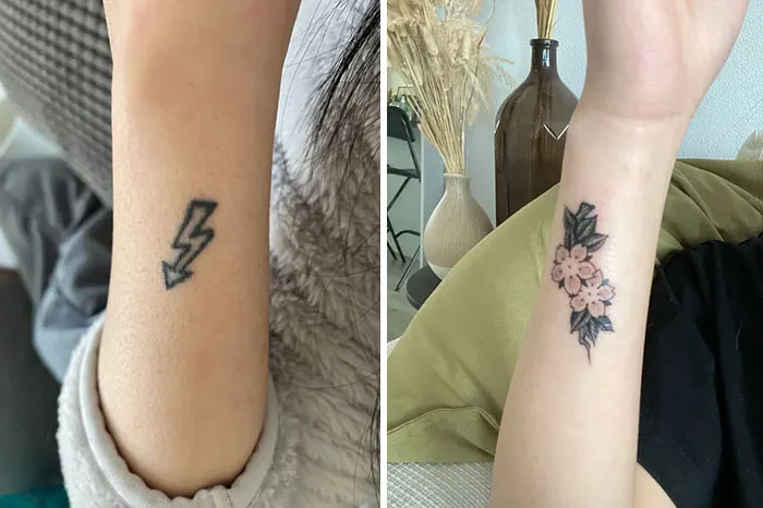 Tattoo cover-up transformation from a lightning bolt to cherry blossoms on the wrist, showcasing cool design changes.