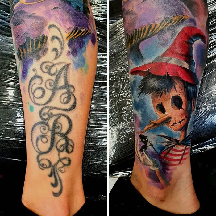 Tattoo covered up with vibrant artwork depicting a whimsical puppet character, transforming tattoo regrets into art.
