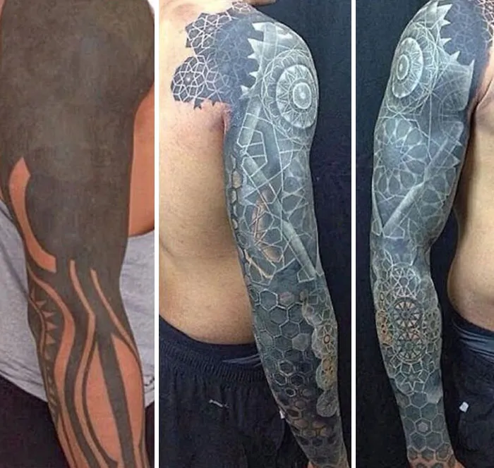 Tattoo regret cover-up with geometric and mandala designs on a person's arm, showcasing a creative transformation.