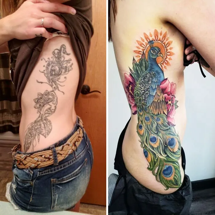 Tattoo artists cover up regret with a colorful peacock design on a woman's side.