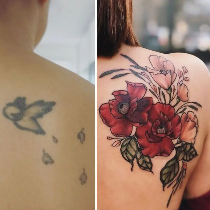 Old bird tattoo transformed into colorful flower design, showcasing creative cover-up by tattoo artists.