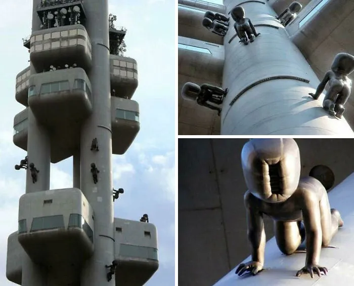 Bebés malvados trepando por la torre de la televisión en Praga