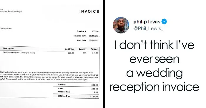 Person Gets A $240 Invoice From A Couple For Doing A "No-Show" At Their Wedding, It Sparks A Debate Online