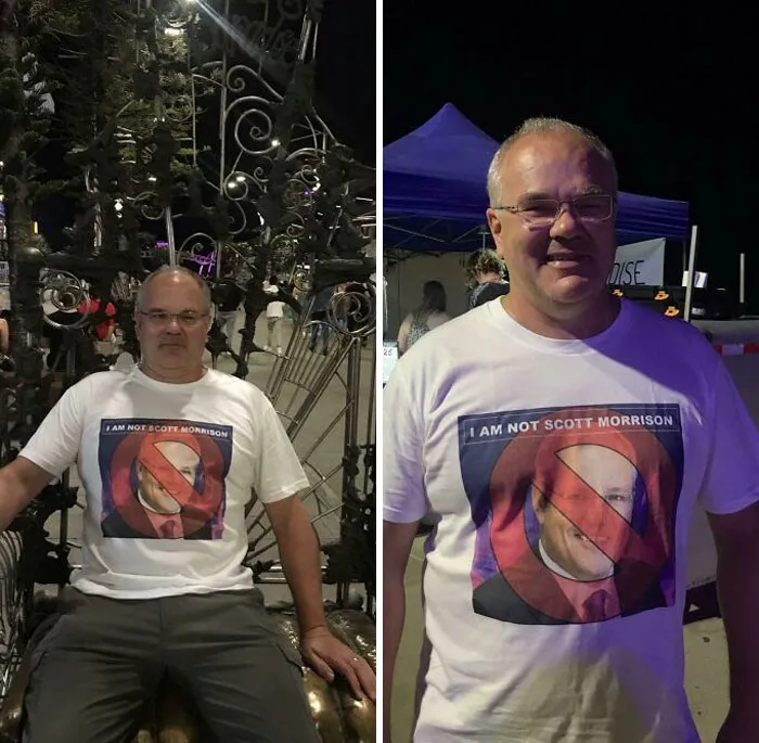 My Dad Kept Getting Recognized As Scomo So My Sis And I Made Him A Shirt To Keep Him Safe While Travelling Australia