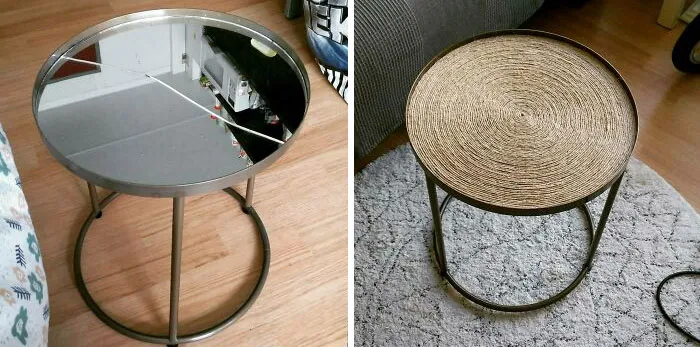 Got This Side Table From The Curb. It's Top Was Broken, So I Spend A Little Over 3 Hours And €4 Worth Of Rope And Glue To Upcycle It To This!