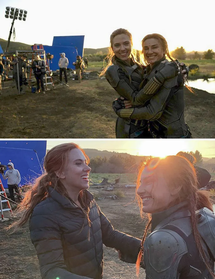 Scarlett Johansson y su doble de riesgo, Heidi Moneymaker, durante su último día en el set, después de trabajar juntas desde Iron Man 2