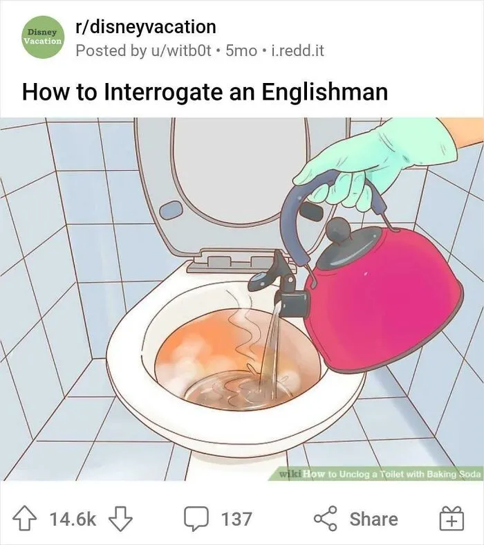 A person humorously pours tea from a kettle into a toilet, adding a funny caption to a WikiHow image.
