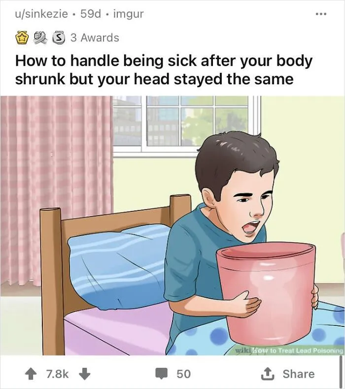 WikiHow image of a boy with a bucket, humorously captioned about body shrinking but head staying the same.