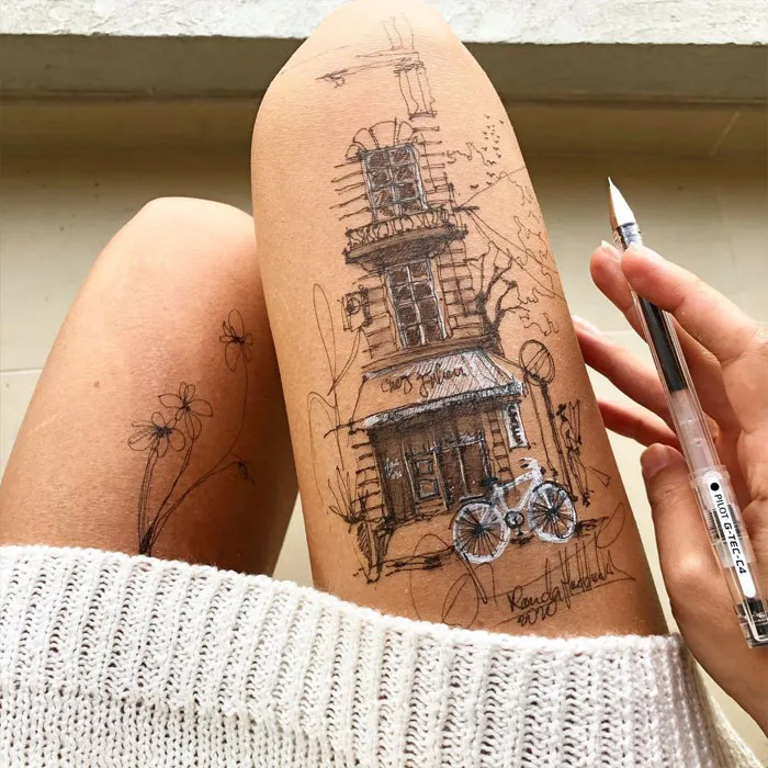 Artist Uses Her Own Thighs As A Canvas And Creates Stunning Ink Drawings (30 Pics)