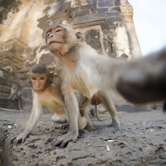 Two funny monkeys taking a selfie with ancient ruins in the background.