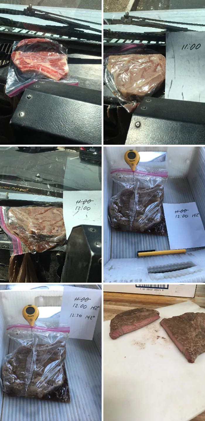 Un trabajador de correos cocina un filete en el salpicadero de un camión para mostrar las condiciones de trabajo "inhumanas" durante el calor extremo
