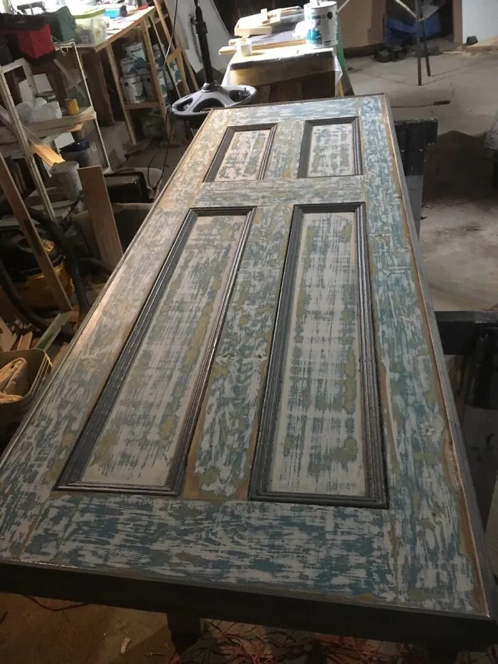 Kitchen Island Counter Top From An Old Door With Trim On The Outside Edges. Photo Pre-Install.