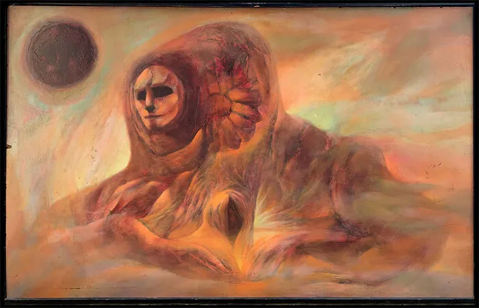 Burt Shonberg Title Unknown Circa 1958 - 1960 Casein On Panel 32 X 50 Inches.  This Is Most Likely A Portrait Of Shonberg's Partner At The Time The Well Known Artist And Occultist Marjorie Cameron