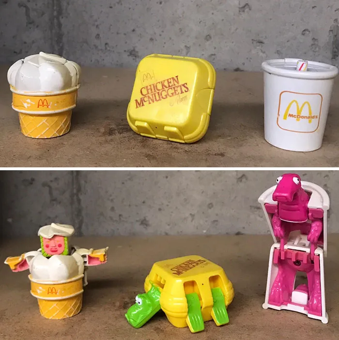 Vintage McDonald's toys from the '70s, '80s, and '90s, featuring food-themed characters in bright colors.