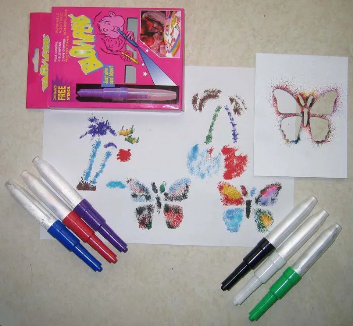 Retro toy blow pens and colorful butterfly designs evoke '70s, '80s, '90s childhood nostalgia.