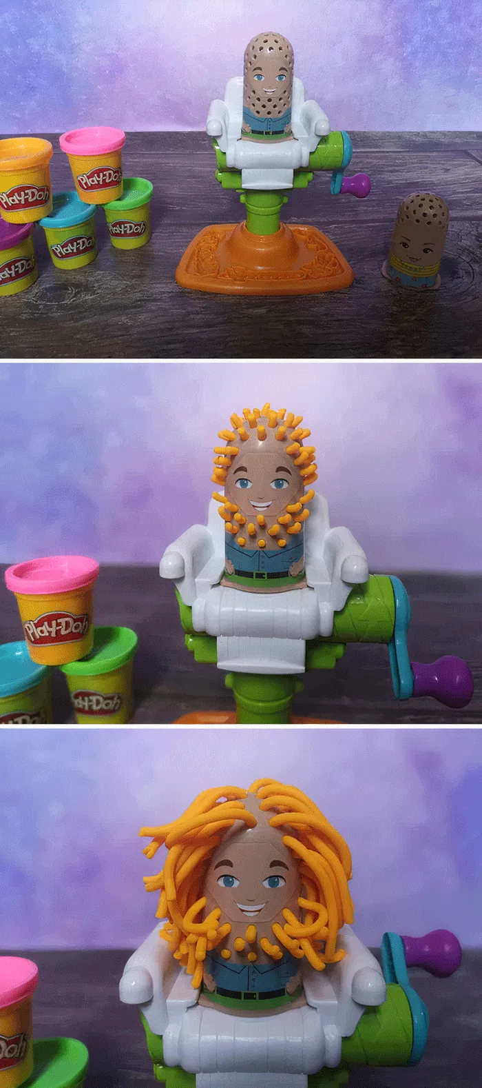 Play-Doh barbershop toy showing hair growth stages, a nostalgic toy from the '70s, '80s, and '90s.