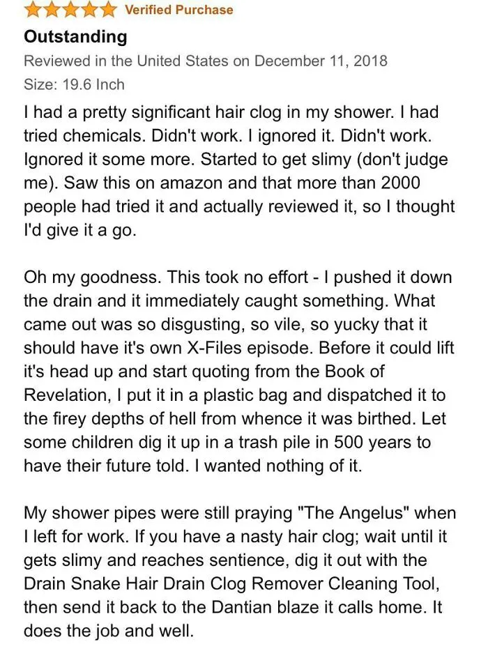 Wasn't Expecting To Laugh So Hard At A Review About A Plastic Strip That Helps You Remove Hair From Your Drain