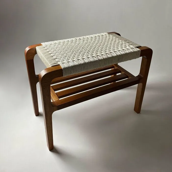 African Mahogany + White Cord Entry Way Bench