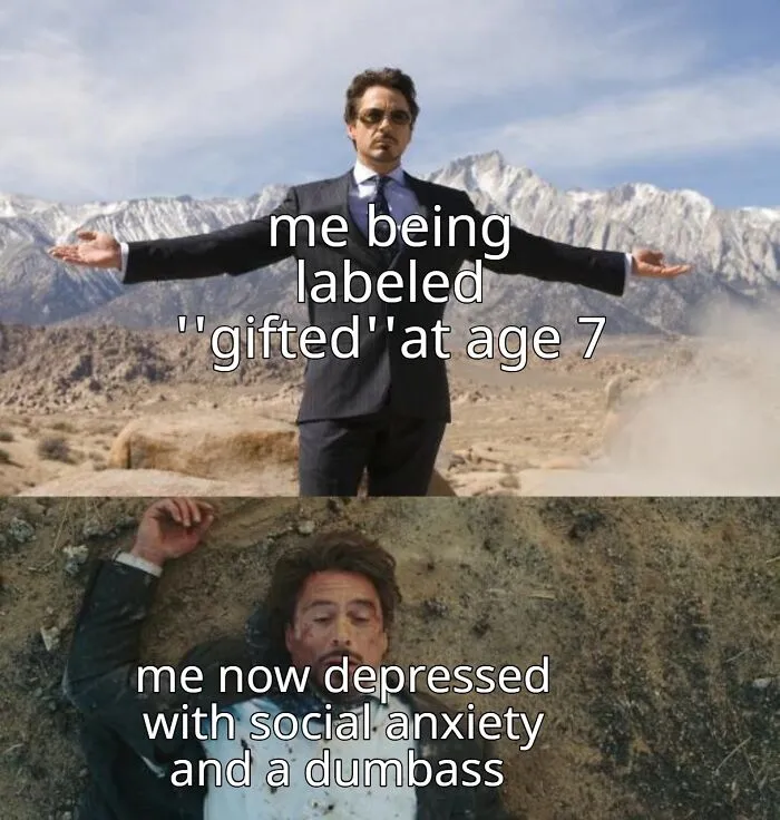 Man in a suit with arms outstretched; humorous adult meme about gifted child to adult struggles.