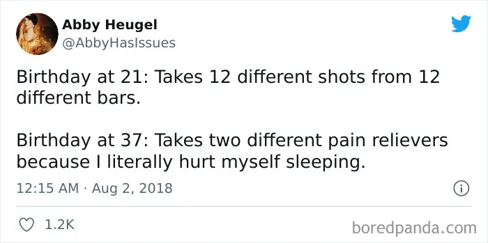 Funny adult meme comparing birthday activities at ages 21 and 37 in a humorous tweet format.