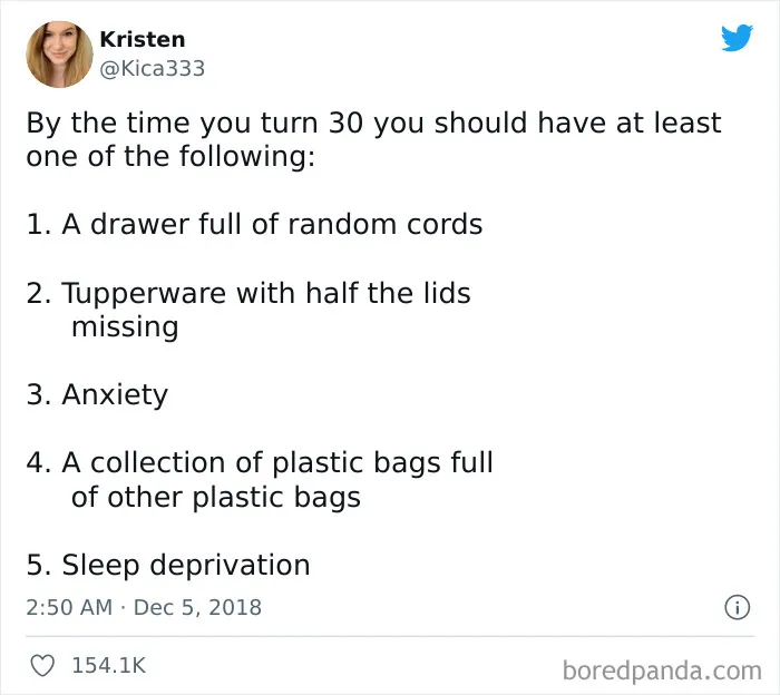 Funny adult meme about turning 30, listing relatable life scenarios like missing Tupperware lids and sleep deprivation.