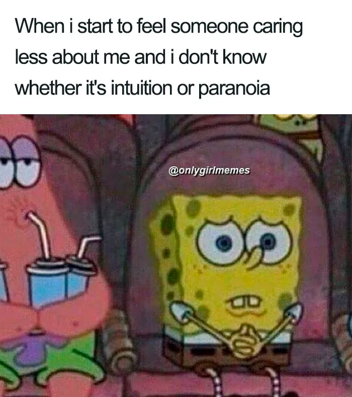SpongeBob meme about feeling uncertain, shared by an Instagram page featuring funny girl and woman memes.