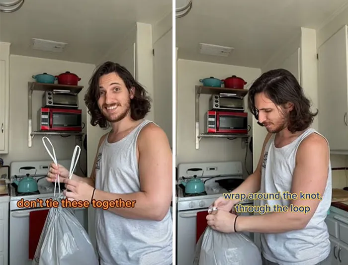 How To Tie A Trash Bag: Don't Tie These Together. Hold Them Up, Make A Knot. Wrap Around The Knot, Through The Loop Creating A Nice Tight Seal