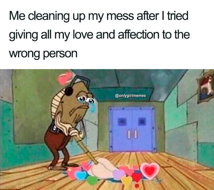 Sad fish character sweeping up hearts, representing a funny girl meme about misplaced affection.