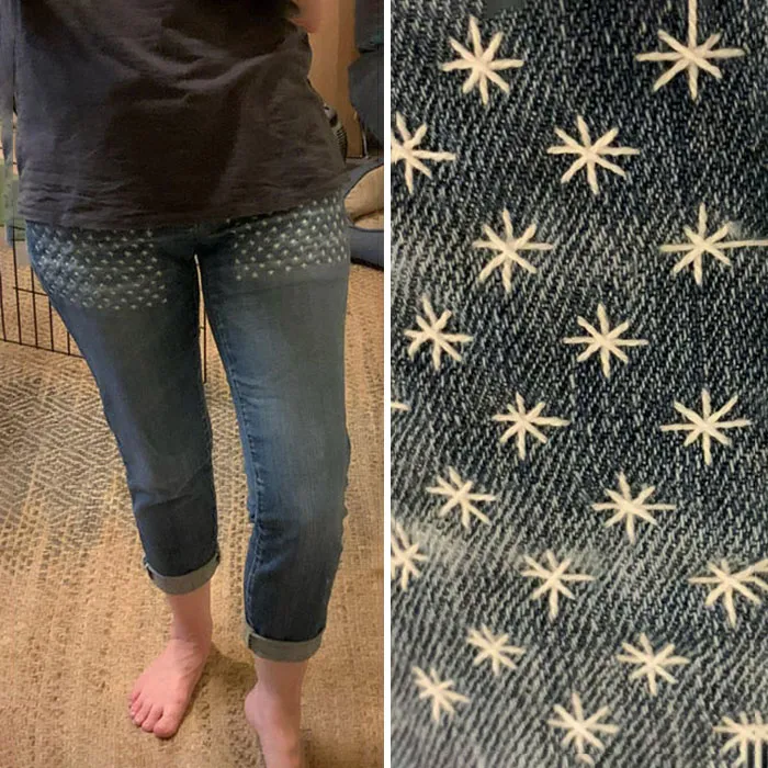 My Favorite Jeans Were Wearing Thin In The Thighs So I Added A Denim Patch Inside And Used Sashiko To Make It Pretty