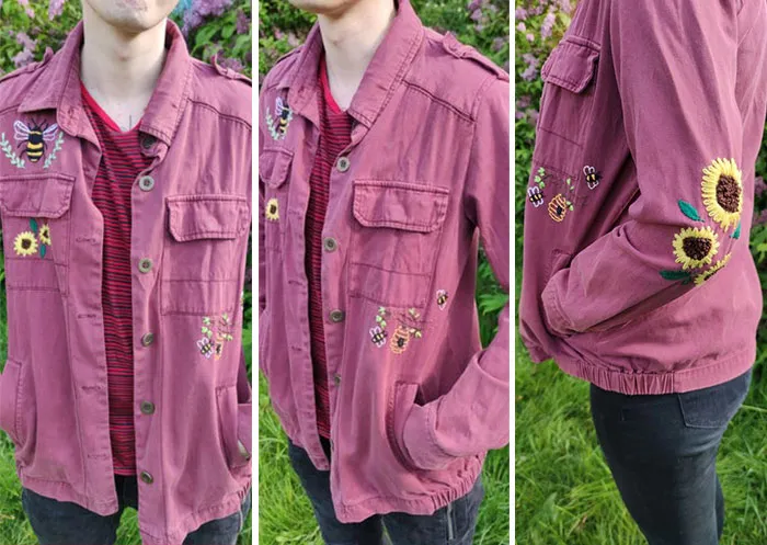 Hello! It's My Jacket That Had Big Black Stains On Left Elbow. I Didn't Want To Throw It Away So I Embroidered Some Sunflowers
