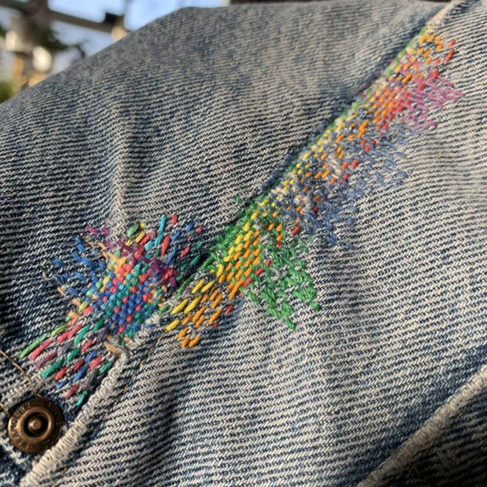 Rainbow Darning On Thrifted Jeans