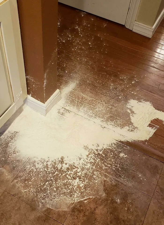 Moved The Flour Away From The Kid So He Wouldn't Make A Mess... And I Knocked It Off The Counter With My Elbow