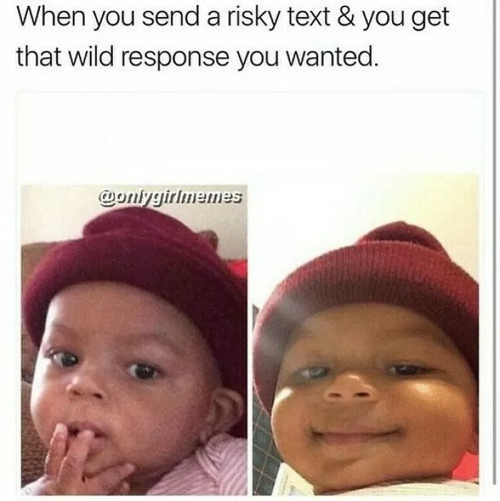 Baby in burgundy beanie showing funny reaction, illustrating women's meme humor.