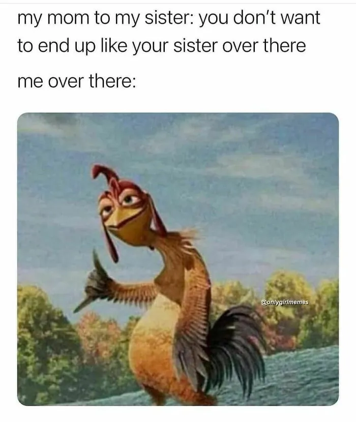 Chicken character giving a thumbs up, meme text about sisters, from a funny girl and woman meme on Instagram.