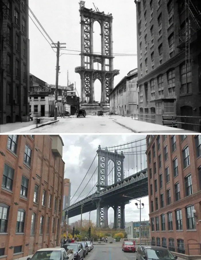 Unfinished Manhattan Bridge In 1908 And Now