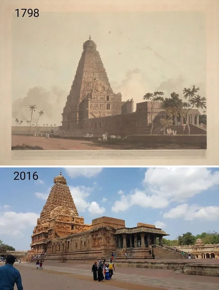 Brihadisvara Temple, Thanjavur, India. 1798 Lithograph By Thomas Daniell And 2016. Built Between 1003-1010