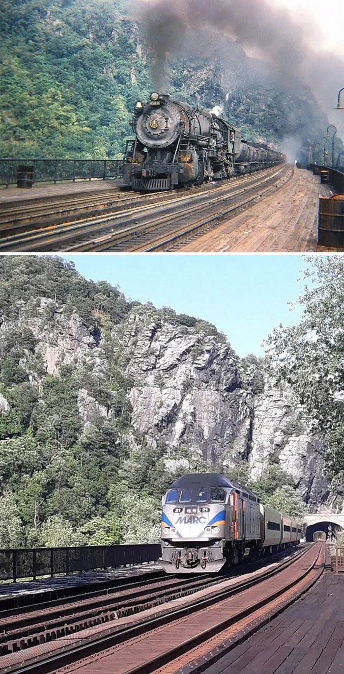 Trains At Harper's Ferry, Wv In 1947 And 2021. The 1947 Image Taken By Ed Wittekind, 2021 Image Shot By Me In The Same Exact Spot
