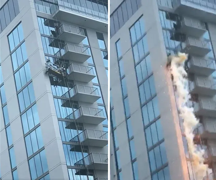 Cable On A Window Washing Station Snaps And Hits A Power Line, Causing An Electrical Explosion. The Workers Were Saved By Their Emergency Harnesses
